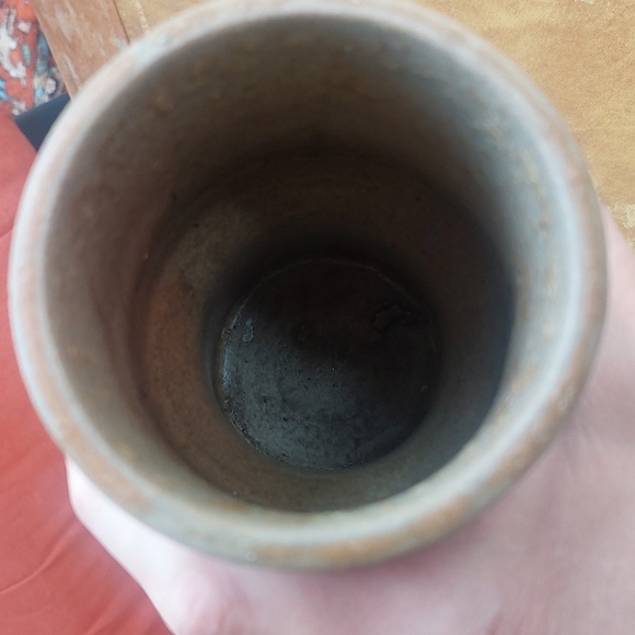 Mid Century Modern Pottery Vase, Japanese Signed Kanji 1960s blue & tan - Picture 5 of 7